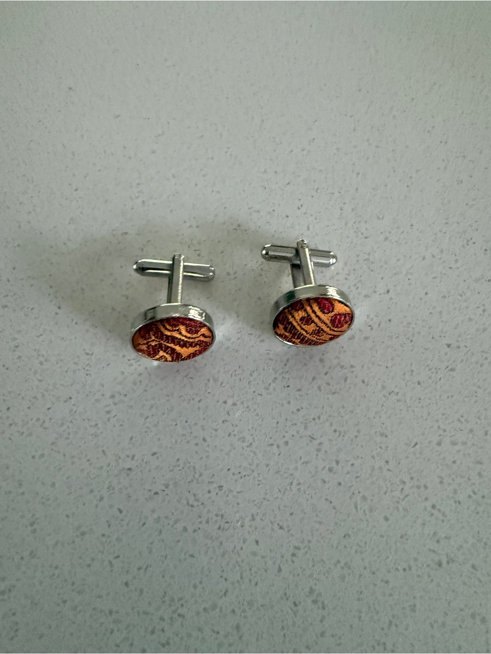 Vintage Silver Tone Cufflinks with Brown and Burgundy Pattern